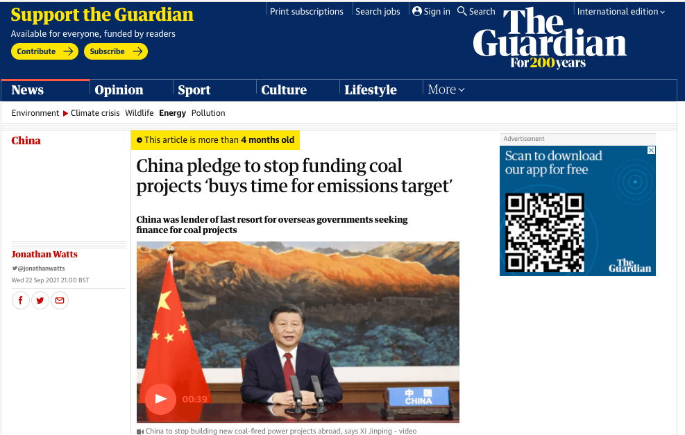 The Guardian: China pledge to stop funding coal projects ‘buys time for emissions target’