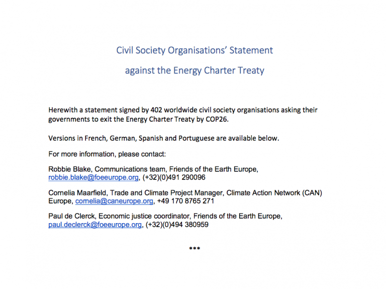 Enviromental Organizations: Leave The Energy Charter Treaty before COP26