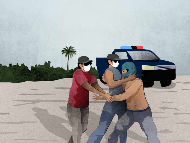 Plainclothes members of the Indonesian security forces restrain a local community member defending their land against involuntary land confiscations in Mandalika. Illustration based on an actual video footage to protect the identity of local activists: A.K. (October 2022)