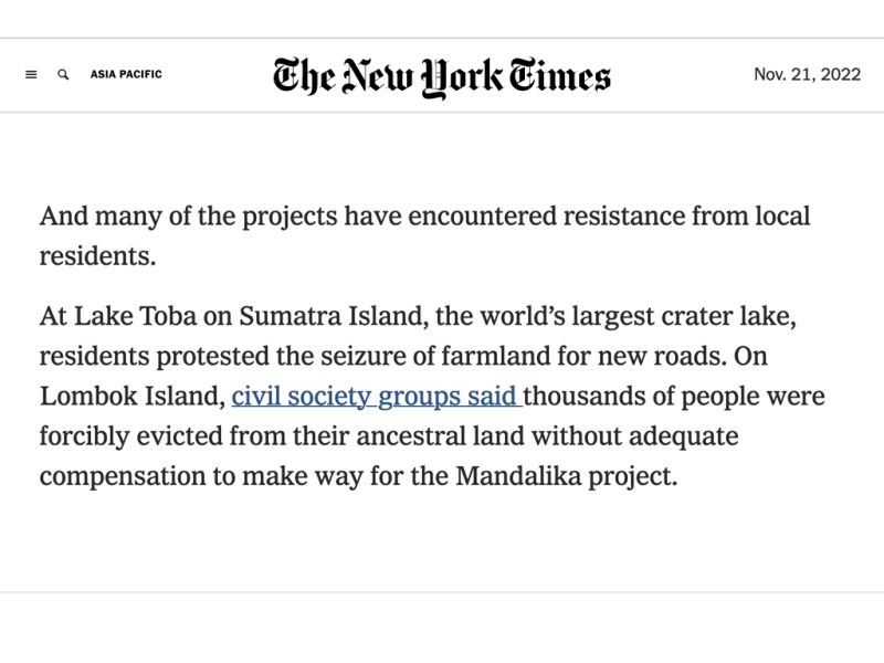 New York Times: Thousands of People Forcibly Evicted Without Adequate Compensation for Mandalika Tourism Project