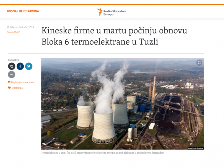 Radio Slobodna Evropa: Chinese companies set to renovate Tuzla 6 coal-fired power station in March