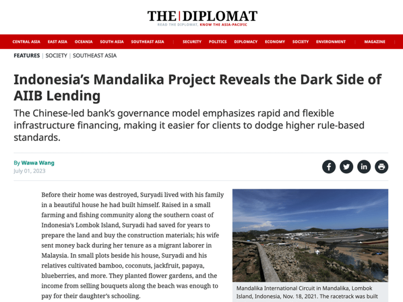 The Diplomat: Indonesia’s Mandalika Project Reveals the Dark Side of AIIB Lending 