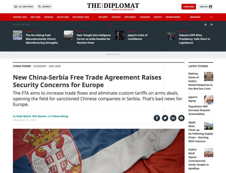The Diplomat: New China-Serbia Free Trade Agreement Raises Security Concerns for Europe